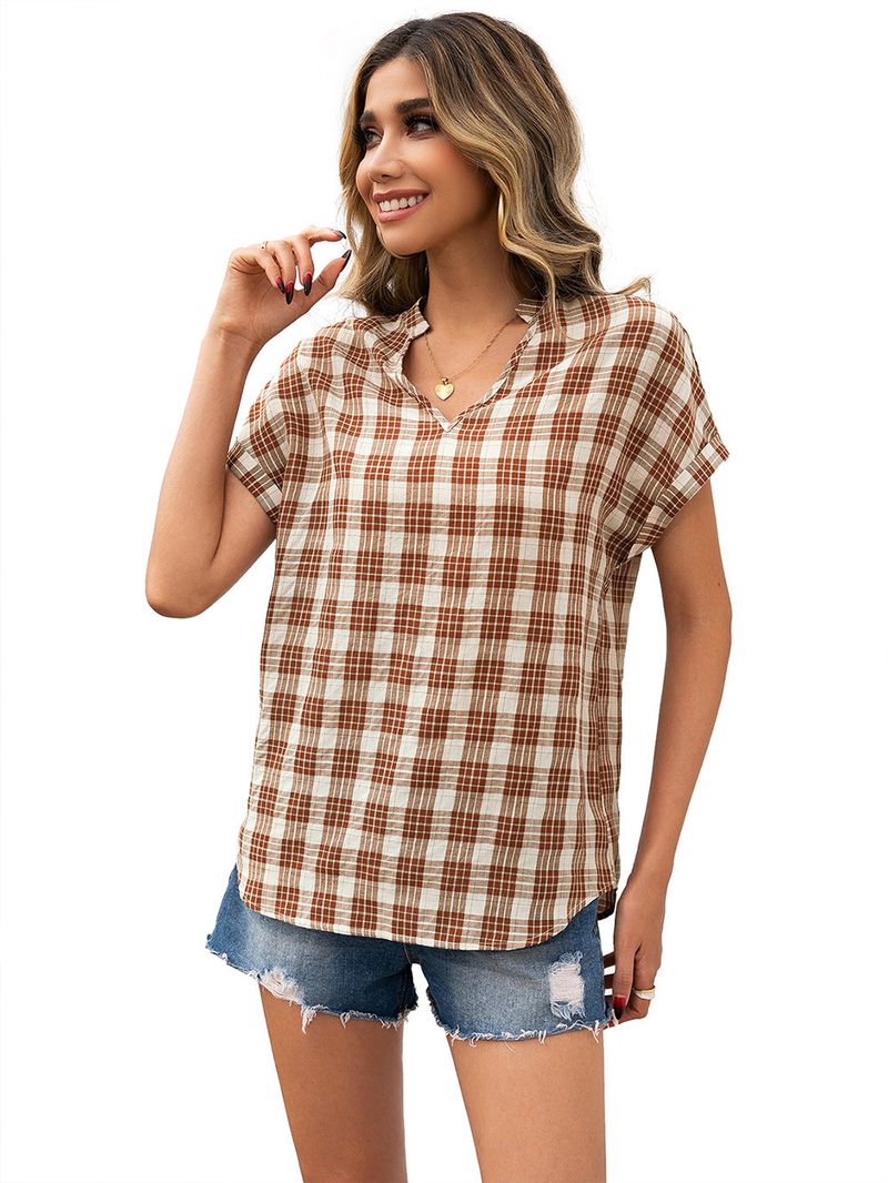 Casual geruit overhemd met V-hals en korte mouwen Smoking geruit overhemd top dames_voghion.com