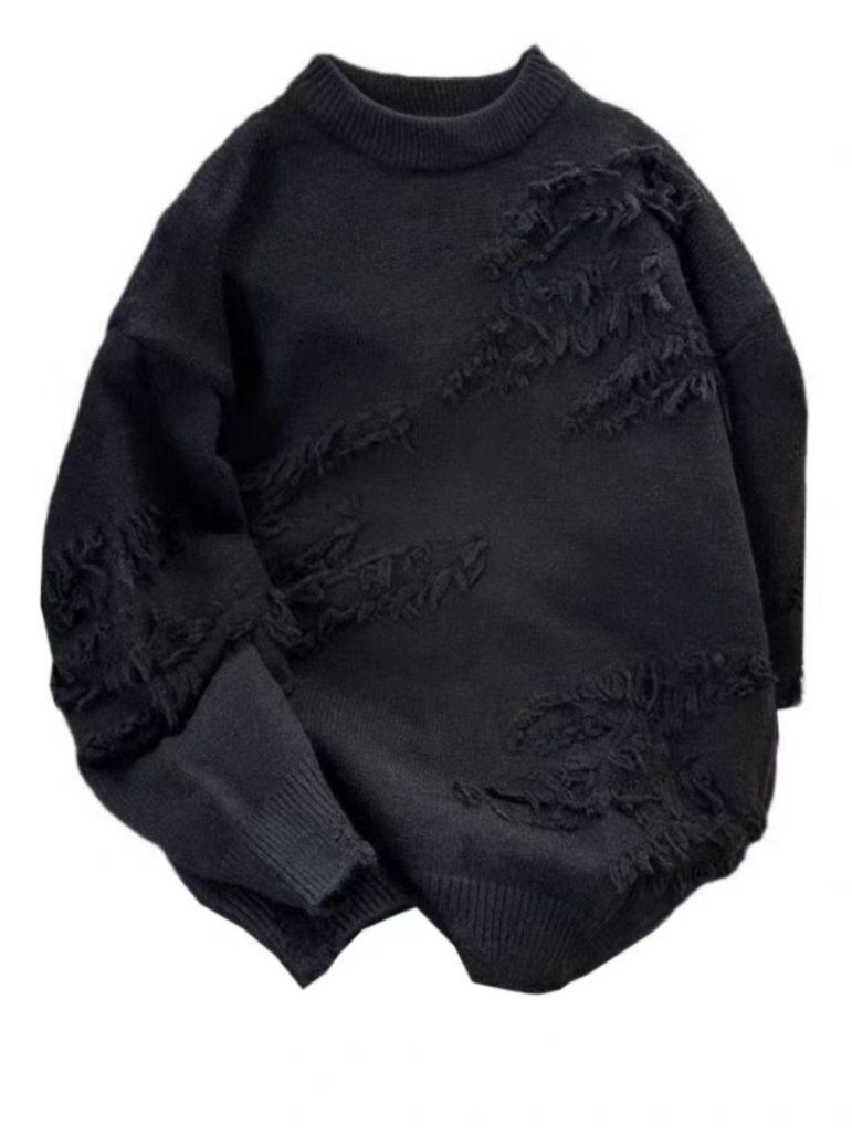 Men's Distressed Knit Sweater - Vintage Boho Style Oversized Crewneck Pullover With Fringe Details_voghion.com