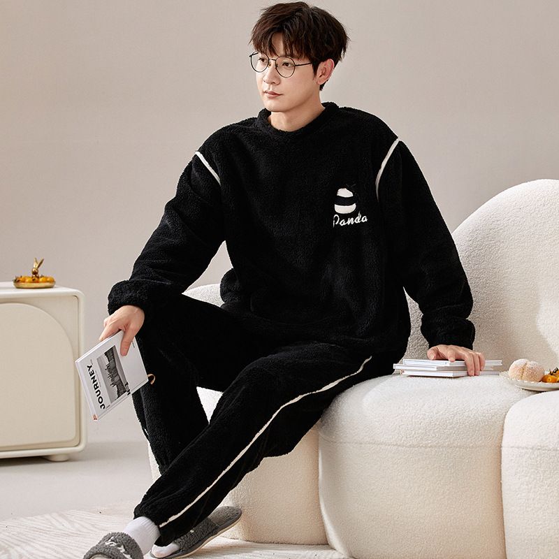 Korallenrote Nachtwäsche Winter 2023, neues langärmeliges, dickes Flanell-Heimanzug-Set für Herren_voghion.com