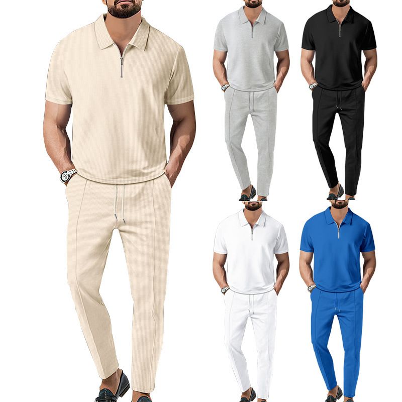 2025 Frühling und Herbst Neue Herren Einfarbig Anzug Waffel Kragen Kurzarm Zipper Lange Hosen Set_voghion.com