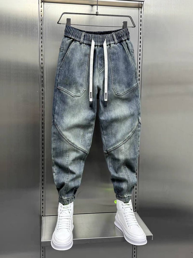 Nostalgiske blå elastiske buksekant biker herrejeans bomullspolstrede hoftebukser til herre_voghion.com