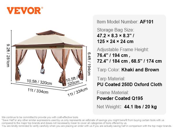 VEVOR Patio Gazebo, 11 x 11 FT Pop up Gazebo for 8-10 Person, with Mosquito Netting, Metal Frame, and PU Coated 250D Oxford Cloth, Outdoor Canopy Shel_voghion.com