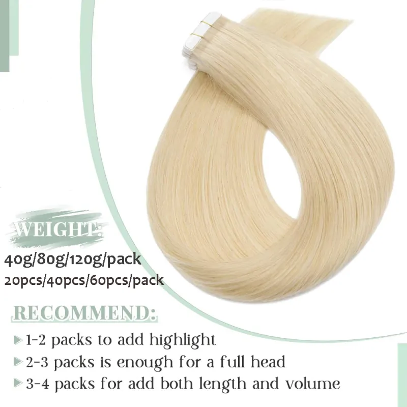 Extensiones de cabello humano con cinta adhesiva, 613 rubio decolorado, Remy, sin costuras, invisibles, para salón_voghion.com