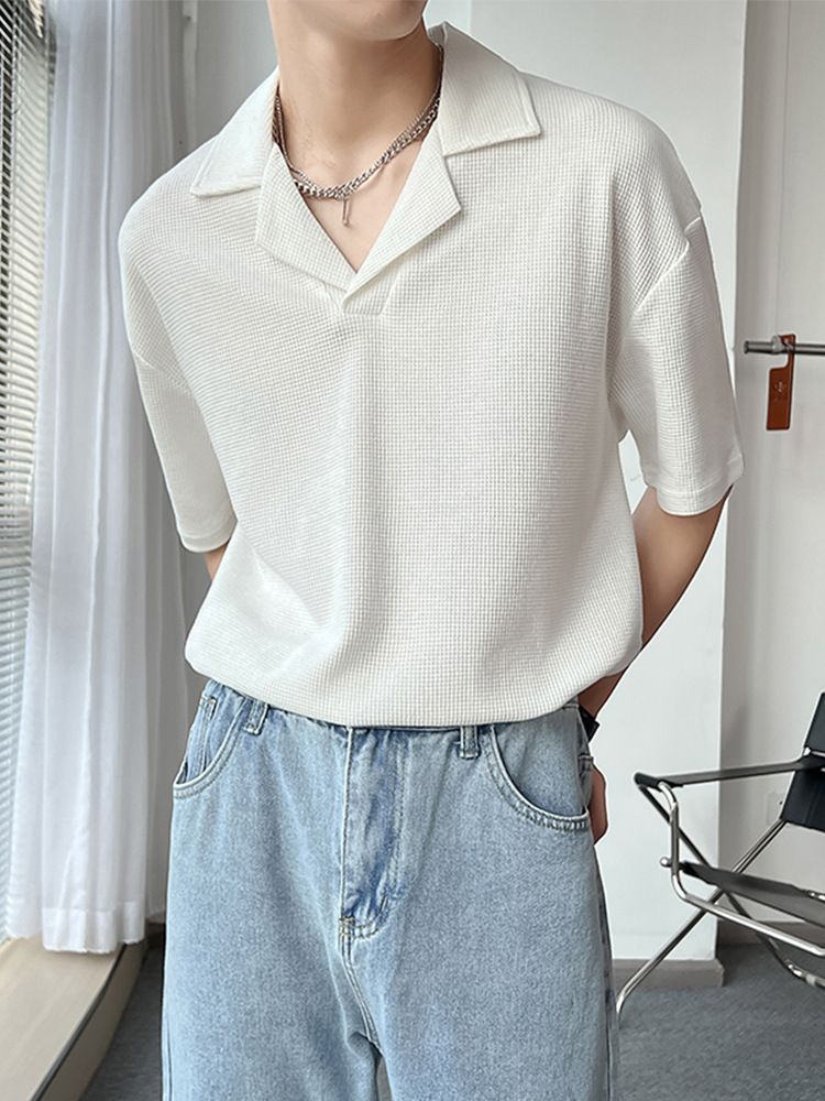 Trendy Cuban Collar T-shirt Men's Short Sleeved Casual Loose Shoulder Half Sleeved Shirt_voghion.com