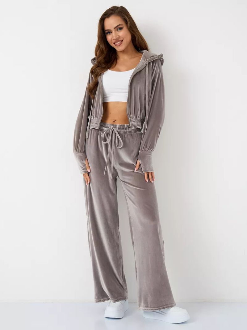 Fashion Casual Women's Solid Color Zipper Cardigan Silver Fox Fleece Sweatshirt With Drawstring Pants Two-Piece Set_voghion.com