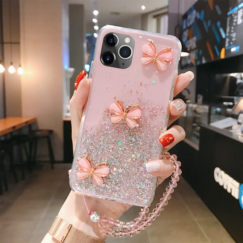 Luxury Cute Bling Glitter Lanyard Silicone Phone Case For iPhone 14 13 12 11 Pro XS Max SE XR X 8 7 Plus Ultra-thin Strap Cover_voghion.com
