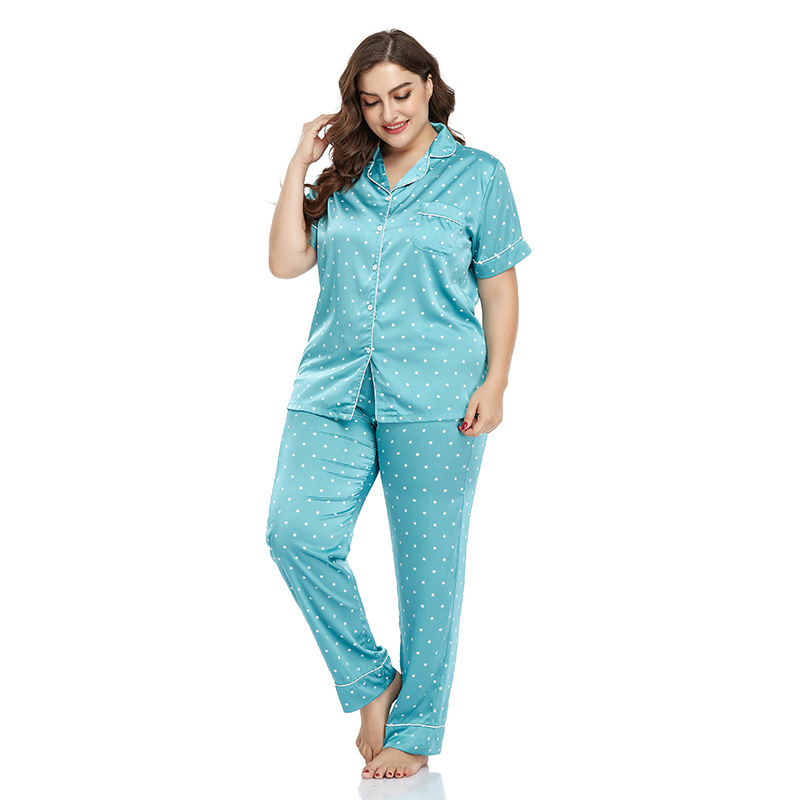 Kadın büyük boy buz ipek hırka pijama kadın ev elbise yaka kısa kollu pantolon iki takım_voghion.com