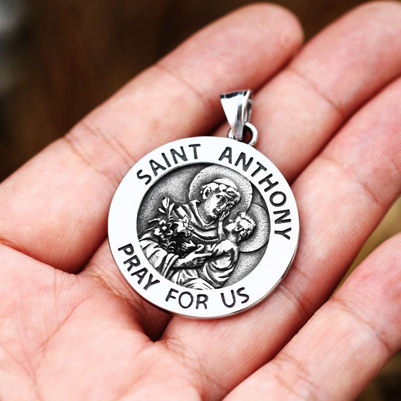 Jesus St Saint Anthony Medal Medallion Pendant Necklace Stainless Steel Punk Retro Vintage Cool Father's Day Dad Gift_voghion.com