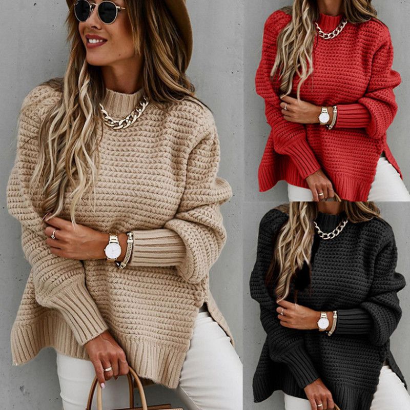 Damenbekleidung, gedrehter Faden, lockerer, halbhoher Kragen, dicker Retro-Strickpullover aus Wolle, vorne kurz und hinten lang_voghion.com