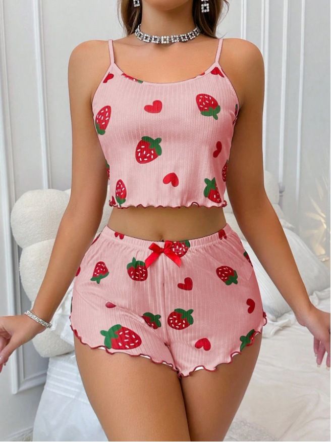 Zweiteiliges Set aus Camisole-Shorts mit Herz-Print und sexy Loungewear aus Milchseide_voghion.com