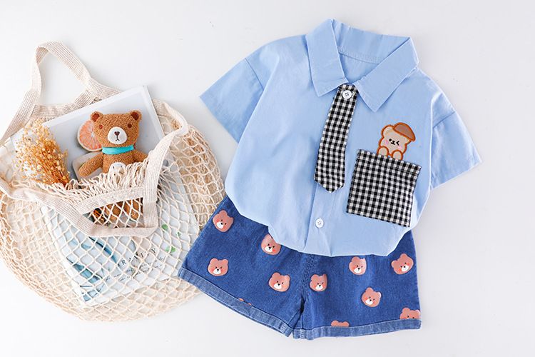 3 Set due pezzi a maniche corte a quadri con cartoni animati per bambini Estate 4 Abbigliamento per ragazzi 1 Tendenza alla moda per bambini da 1 a 2 anni_voghion.com