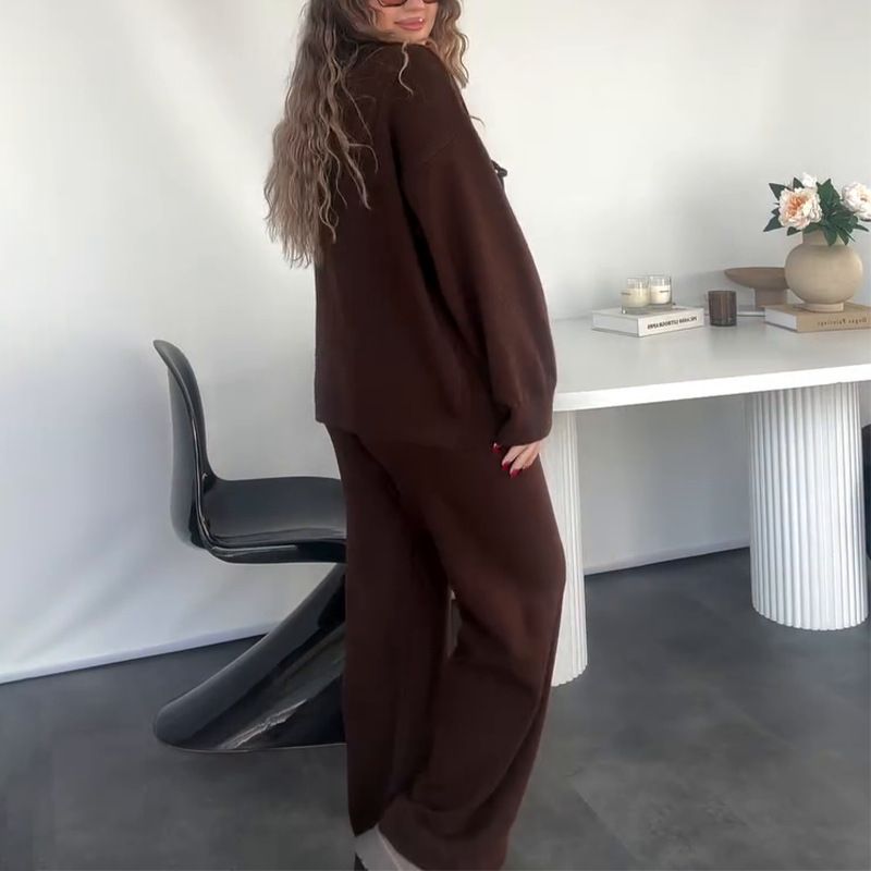 Lässiges, elegantes Outfit-Set für Damen – Strickjacke mit V-Ausschnitt und hoch taillierte Hose mit weitem Bein (7 Farben, Übergrößen geeignet)_voghion.com