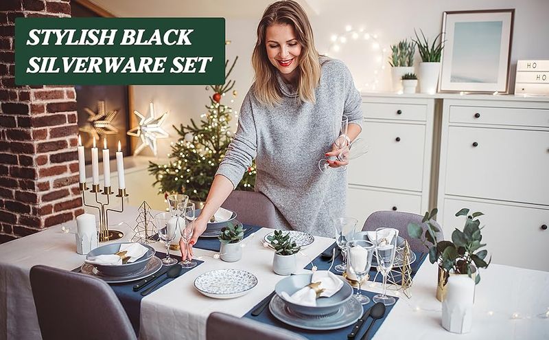 Set di posate nere da 24 pezzi con coltelli da bistecca, set di posate nere per 4 persone, set di posate da tavola in acciaio inossidabile per uso alimentare,_voghion.com