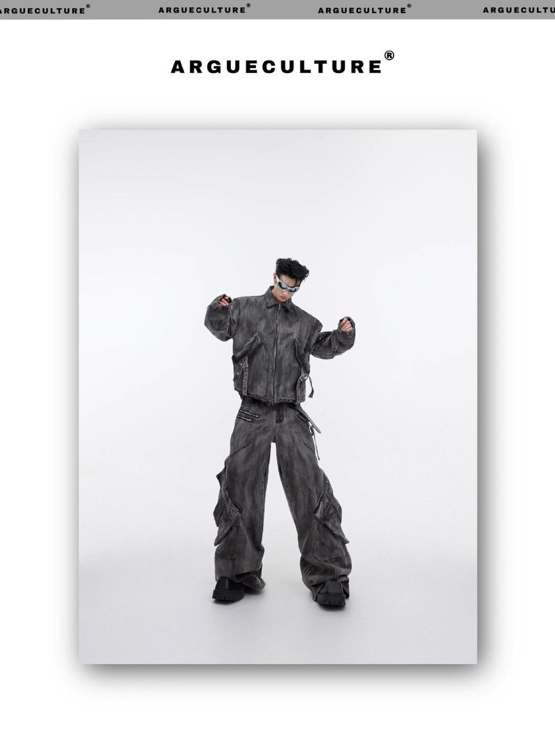 Nischen-Vintage-Denim-Anzugjacke, Mantel, Ödland-Reißverschluss, große Tasche, Cargohose, Trend 2024_voghion.com