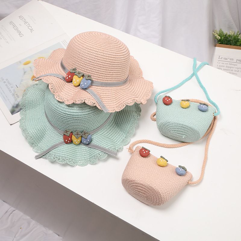 Kinder Damen Sommer Strohhut Niedlich Sonnenschutz Strand Mädchen Große Krempe Sonnenschirm Sonnenhut Baby Tasche Set_voghion.com