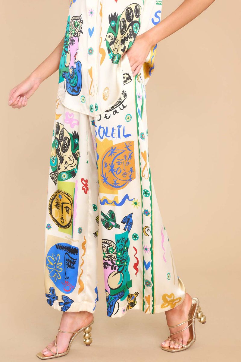 Damer 2024 Sommar Fritidskläder Damer Satin Stretch Frukttryck Graffiti Byxor med vida ben Fritidsbyxor_voghion.com