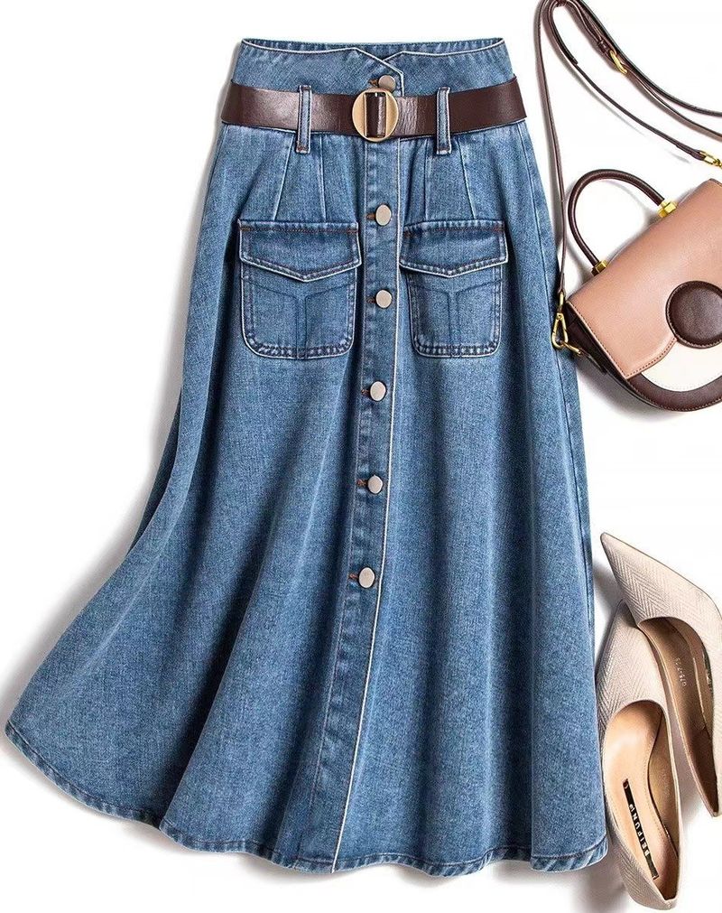Abbigliamento da donna Nuova gonna a pieghe a vita alta dimagrante design a trapezio casual gonna di jeans di media lunghezza da donna_voghion.com
