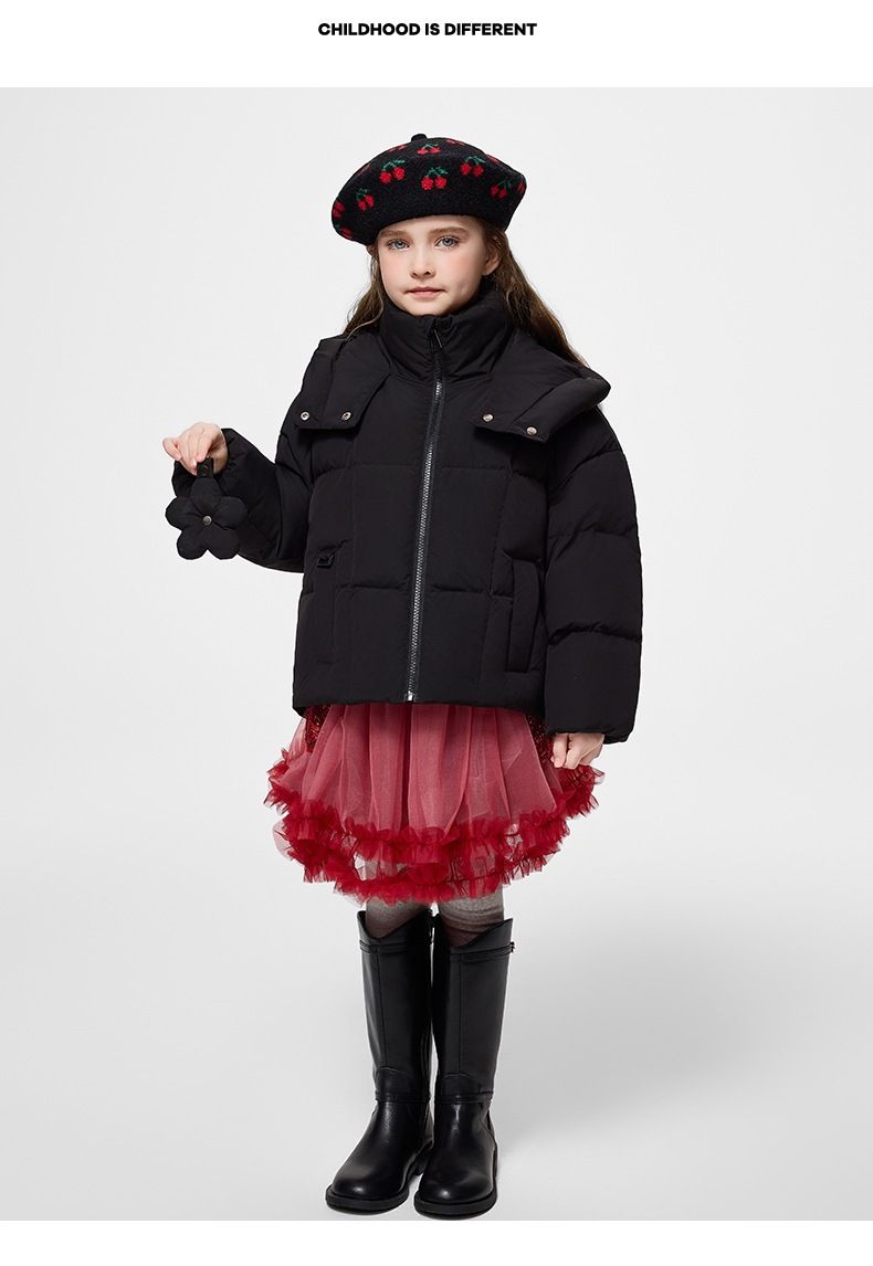 Piumino invernale per bambini con cappuccio, caldo cappotto corto in piuma d'oca per ragazze, imbottitura in piuma d'anatra bianca all'86%-90%, morbido ed elegante, rosa/viola/beige/nero_voghion.com