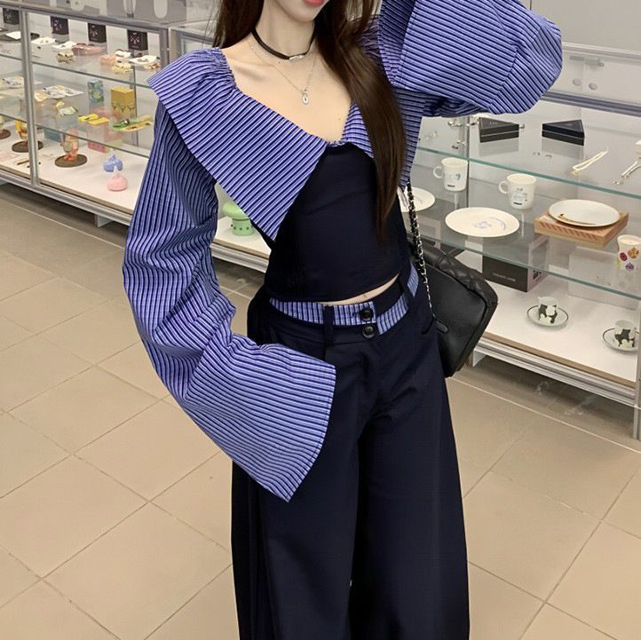 Camicia a maniche lunghe con patchwork a righe e spalle scoperte color-block da donna, pantaloni larghi casual in stile college primaverile, due pezzi_voghion.com