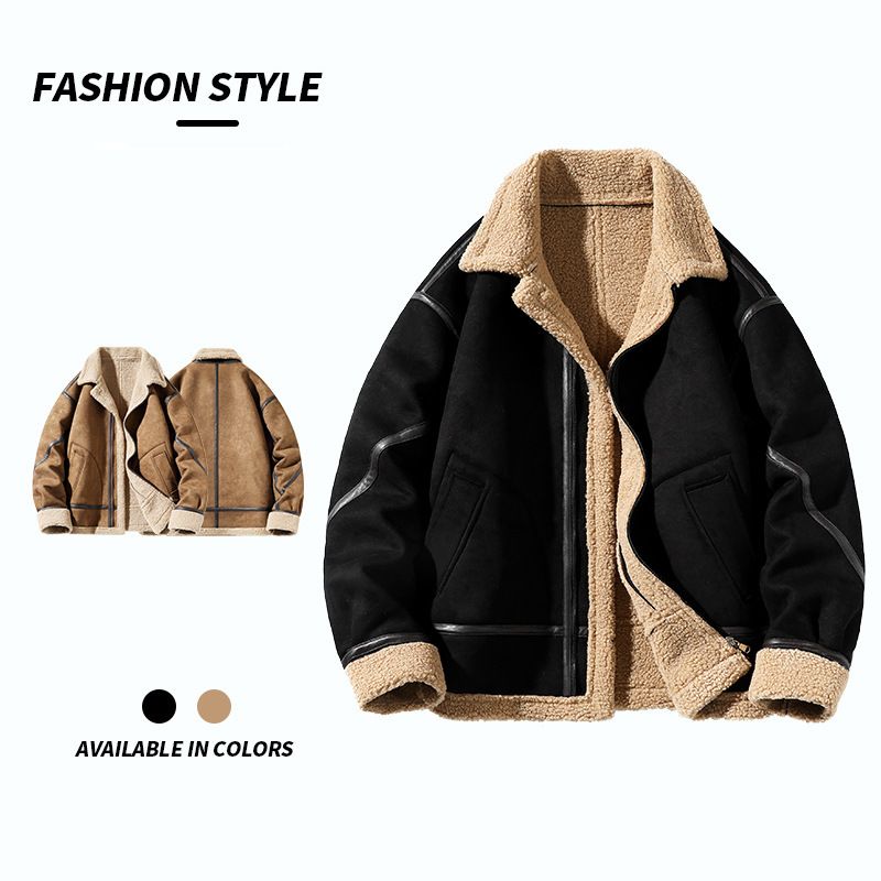 Suède heren trendy merk fleece gevoerde dikke schapenvacht jas losse pasvorm grote maat omslagkraag buiten katoen_voghion.com