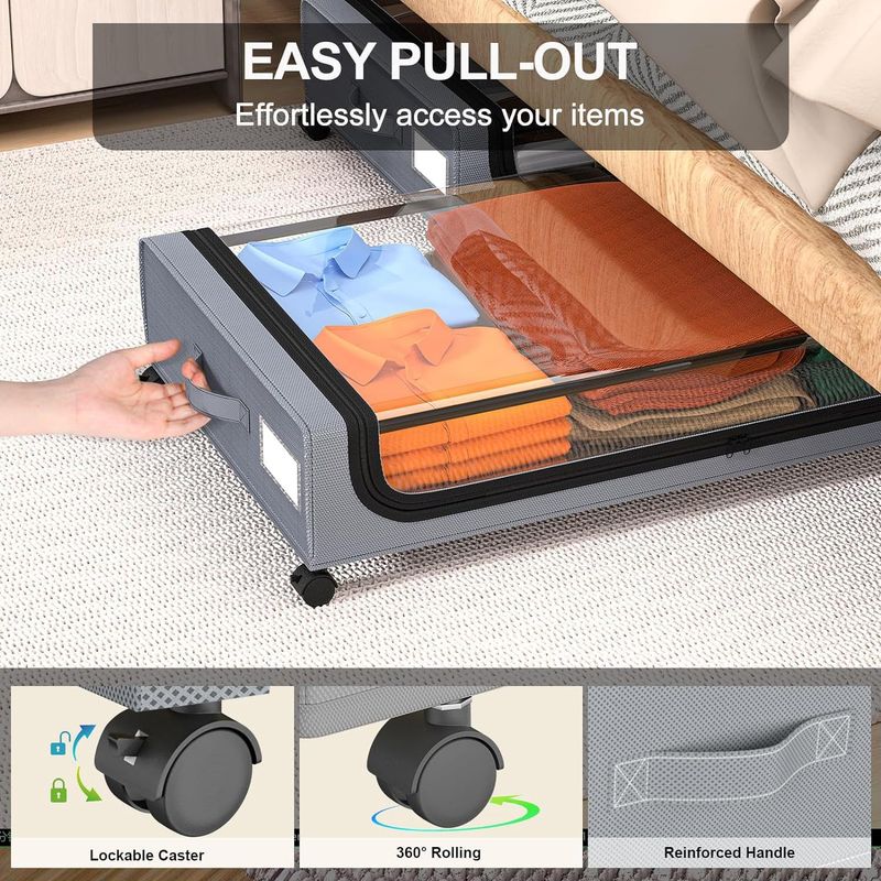 Arrumação embaixo da cama com rodas - Pacote com 2 gavetas de metal com rodinhas para sapatos e roupas, organizador compacto com alças, preto_voghion.com