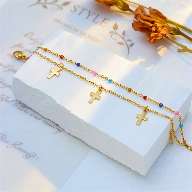 Europäische und amerikanische Mode kreative Persönlichkeit Allgleiches ethnischer Stil Mischfarbe Reisperlenkette Kreuz Titanstahl Anhänger Schmuckset_voghion.com
