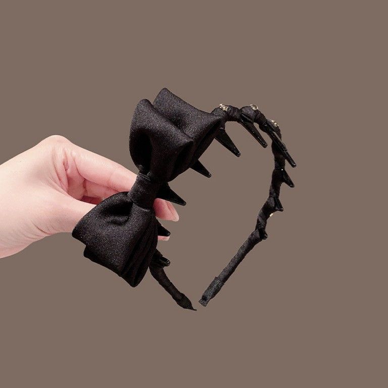 Fascia per capelli con fiocco ondulato nero e dentato, fascia per capelli in raso leggero di alta qualità, top con teschio alto, abbigliamento quotidiano da donna coreano_voghion.com