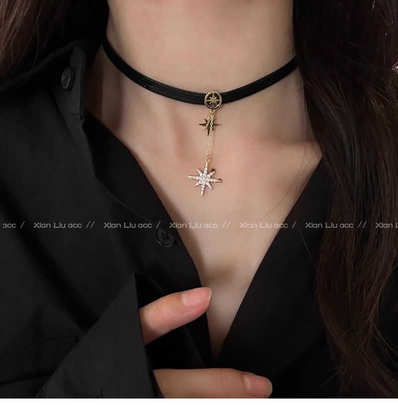 Dolce e fresco Maillard collana girocollo stella a otto punte collana in pelle PU design di nicchia femminile catena per clavicola_voghion.com