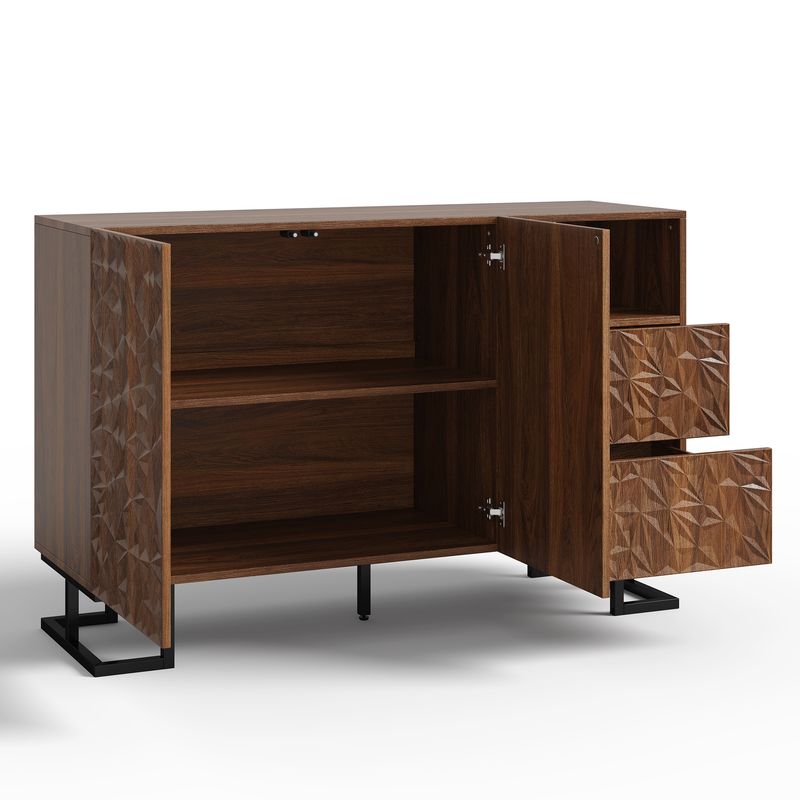 Beistellschrank 120x78,5cm Walnussoptik Mit Blattrelief, 2 Türen & 2 Schubladen_voghion.com
