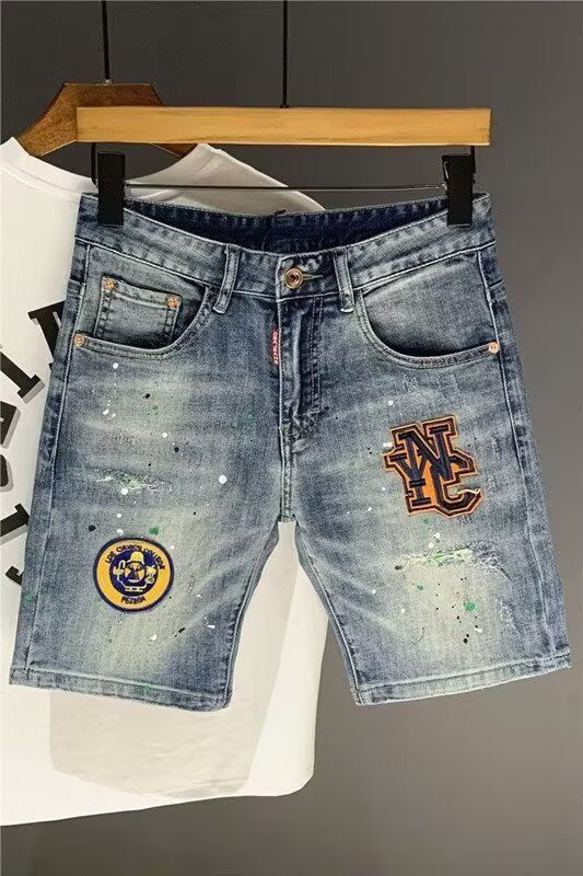 Herrenbekleidung Herren-Jeansshorts im Used-Look mit Stickerei und Spritzer-Design – dehnbare, lässige Streetwear-Cargo-Shorts mittlerer Länge (Hellblau)_voghion.com