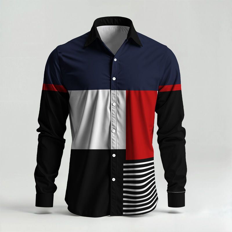 2025 Spring Summer Men Shirt Set Geometry Print Fashion Simple Two Piece Set Mens Gradient Lightweight Party Long Sleeves Suit_voghion.com