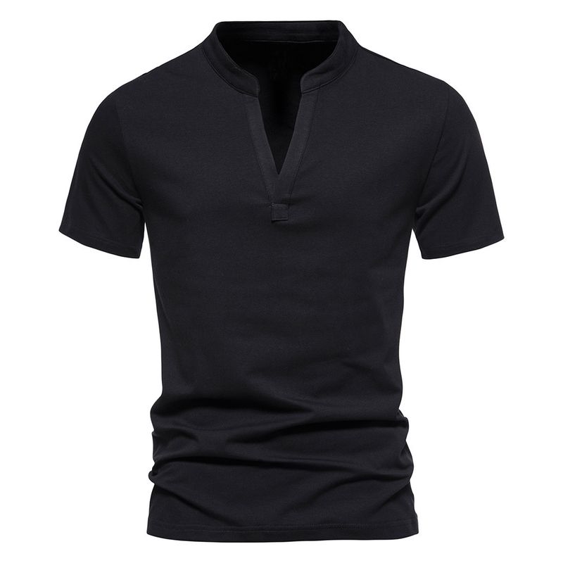 2025 New Men's Deep V-neck Short Sleeved Elastic Base Shirt Summer Small Stand Up Collar T-shirt Top_voghion.com
