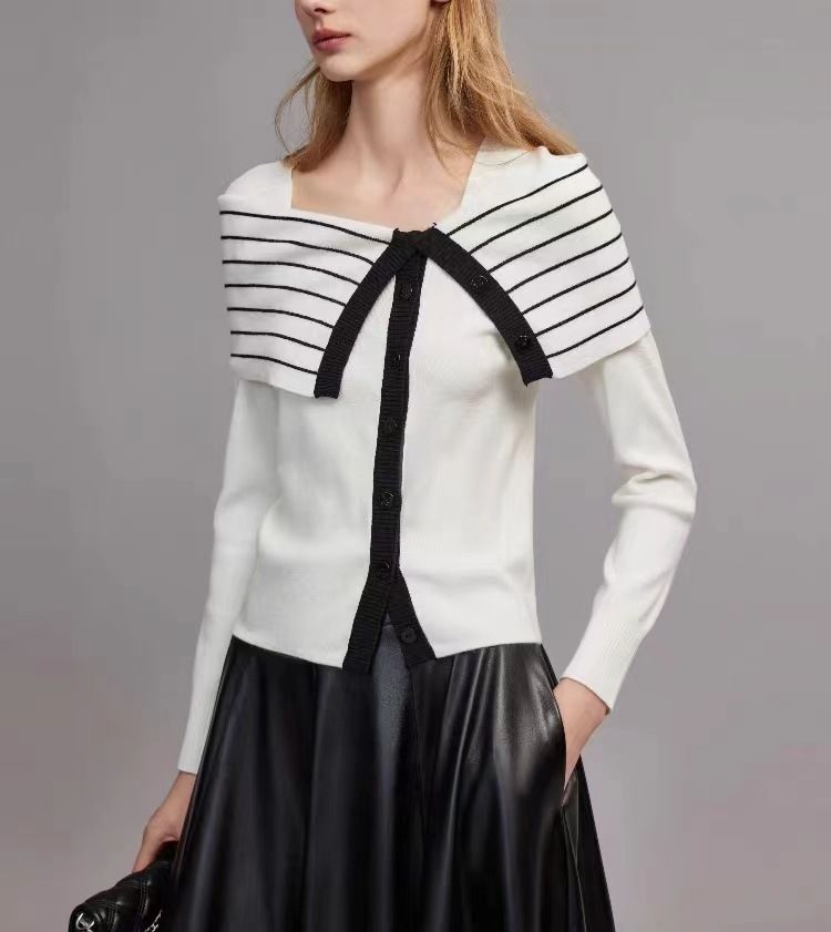 Women's Clothing Black And White Striped Two Piece Slim Wool Sweater New Design Temperament Sweater_voghion.com