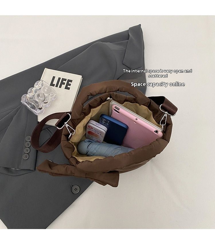 Autumn and winter women's down new cute bow single shoulder handbag space cotton temperament crossbody bag_voghion.com