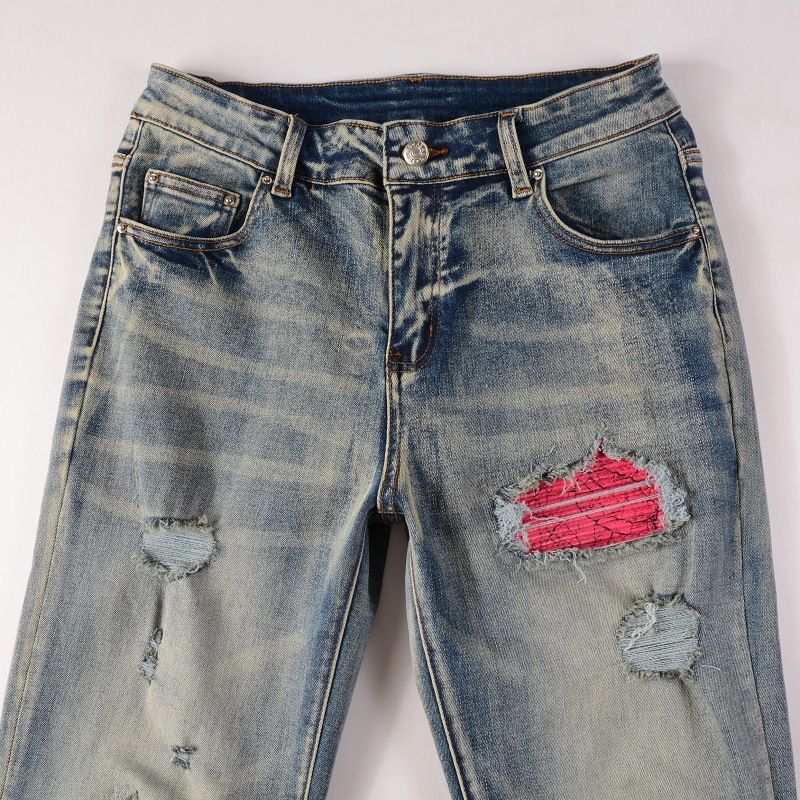 Suitable For All Seasons Men's Light Blue Patchwork Denim Pants With Stretch Fit And Small Cuffs_voghion.com