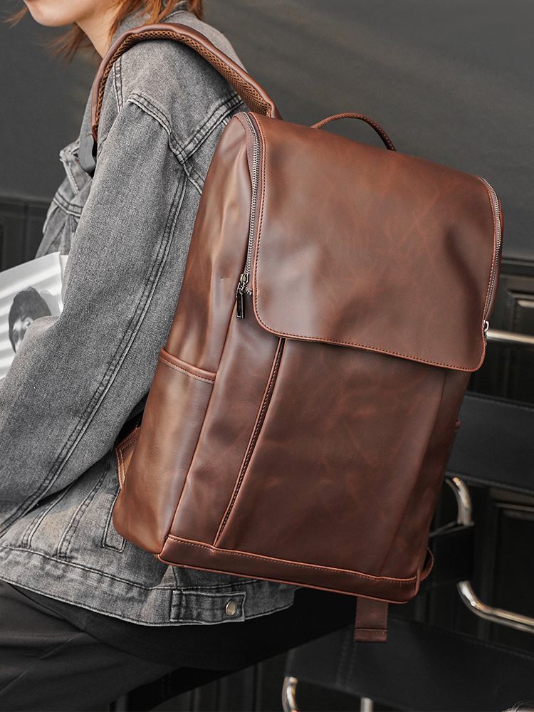 Korean Style Outdoor Leather Student English Retro Backpack_voghion.com