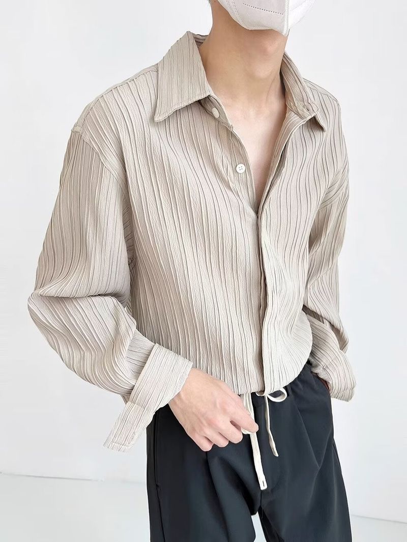 Advanced Style Shirt Männer Laangärmlech Plisséiert Hemd Äis Seid Neie Stil Cool Casual Top Männer_voghion.com