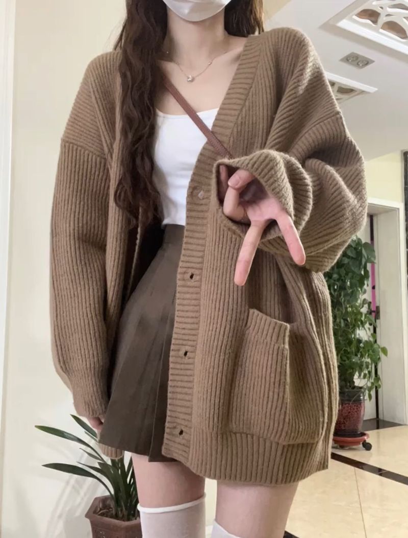 Cardigan oversize in maglia con scollo a V da donna – Maglione casual boho chic aperto sul davanti per primavera/autunno/inverno (cachi, beige, grigio, verde, nero, marrone)_voghion.com