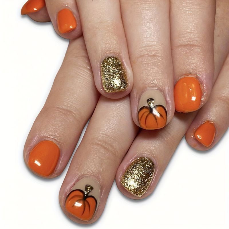 Unghie finte corte quadrate effetto press on per Halloween - Design a forma di zucca con glitter lucidi e strass, kit da 24 unghie finte con colla e lima (LC177)_voghion.com