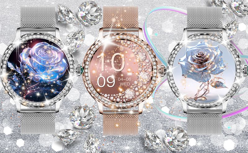 Smart Watch for Women with Diamonds,1.3''Full Touch Screen Smartwatch for Android Phones,Fitness Tracker with Heart Rate/Blood Oxygen/Sleep Monitor_voghion.com