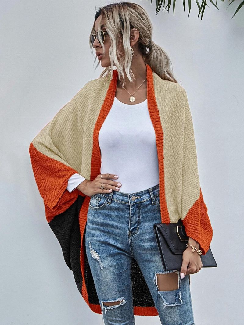 Damenbekleidung, kontrastierende Schal-Cardigan-Pulloverjacke mit Farbblockmuster_voghion.com