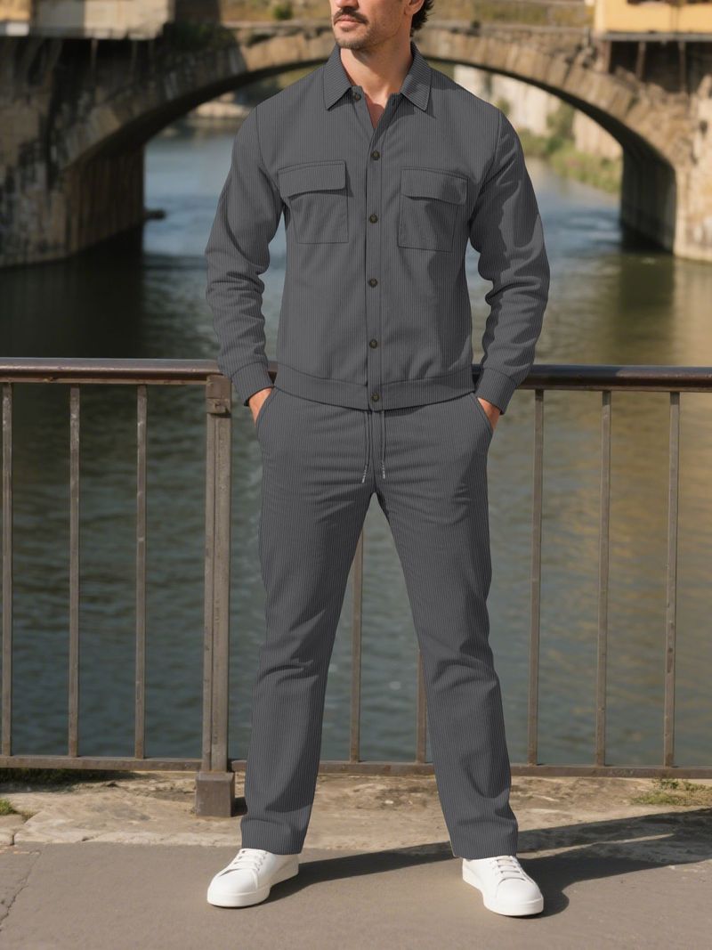 Conjunto de traje informal de pana para hombre: camisa abotonada de color liso con dos bolsillos y pantalón largo a juego._voghion.com