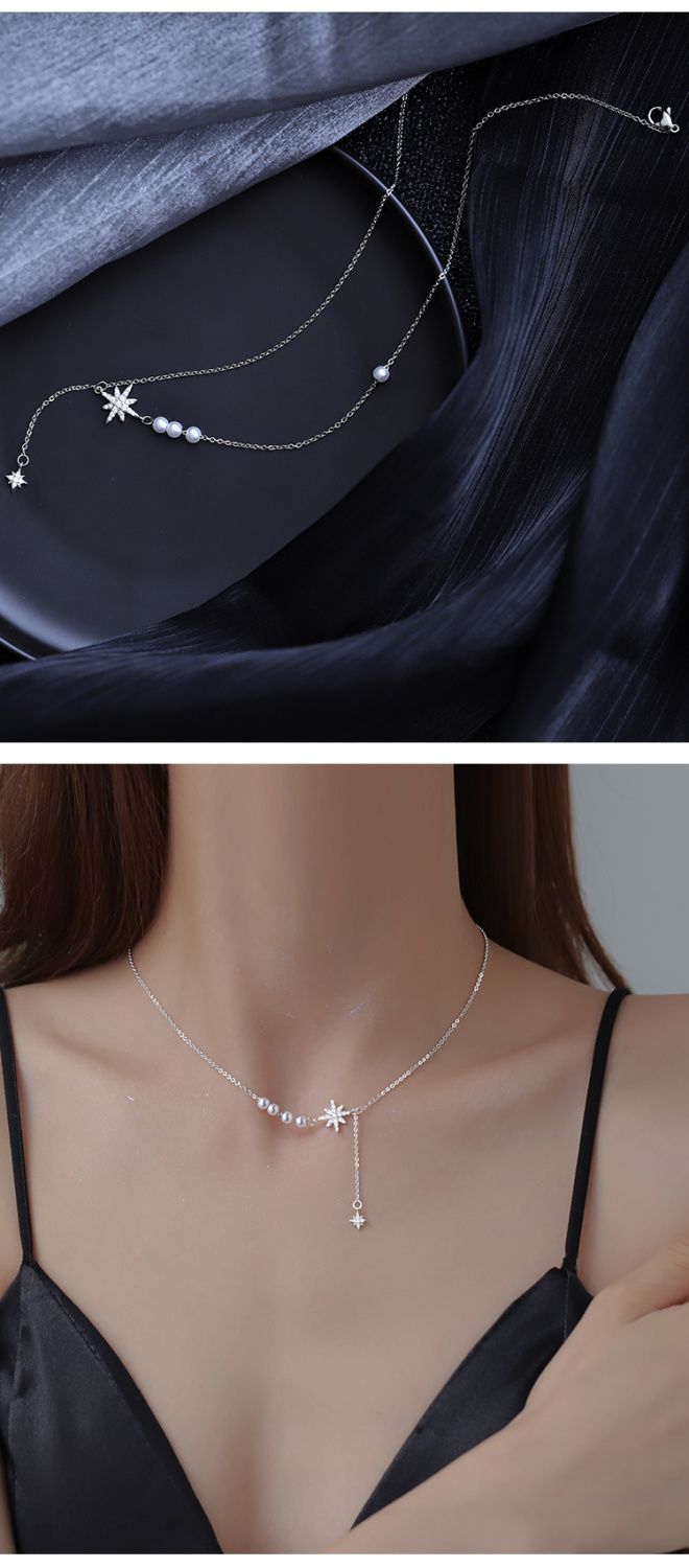 Silver Eight-Pointed Star Pearl Necklace For Women, Light Luxury Niche Collarbone Ins High-End Design Sense Neck Chain,_voghion.com