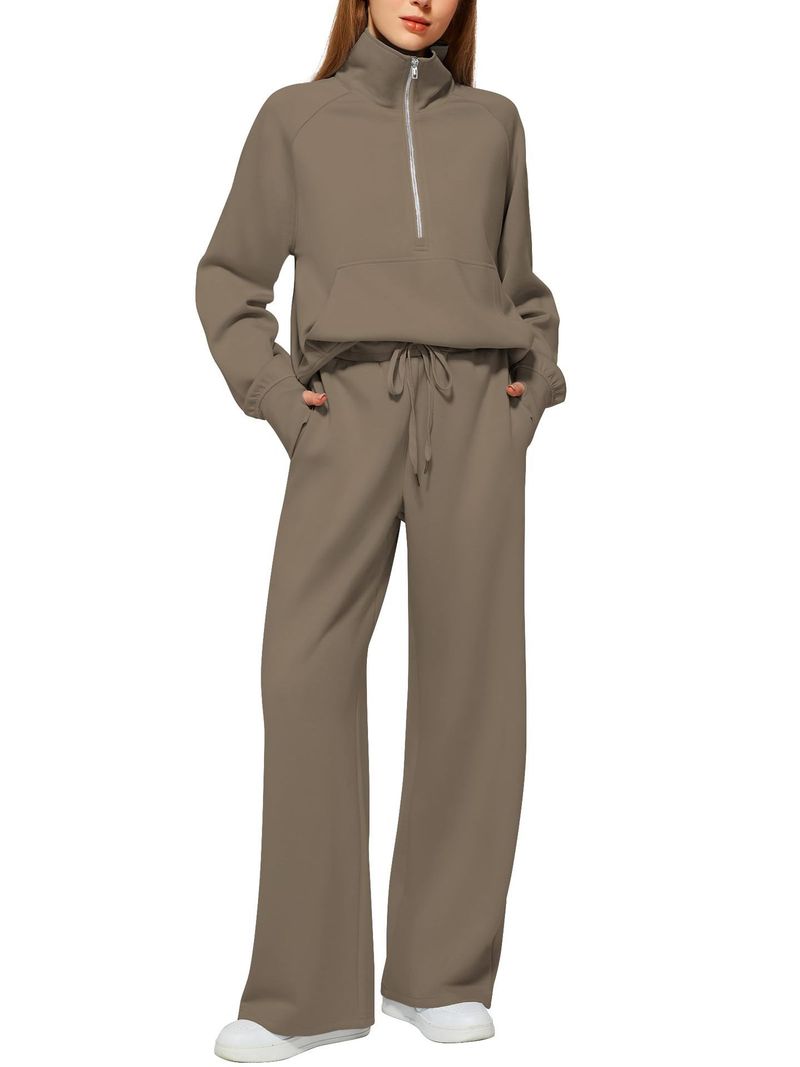 2025 Women's Two-Piece Oversized Half-Zip Sweatshirt Wide-Leg Sweatpants Casual Set_voghion.com