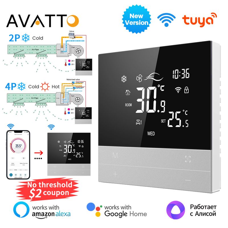 AVATTO Tuya WiFi Smart Central Air Conditionné Thermostat Interrupteur Chauffage Cool 3 Vitesse Ventilo-convecteur Unité Fonctionne avec Alexa_voghion.com