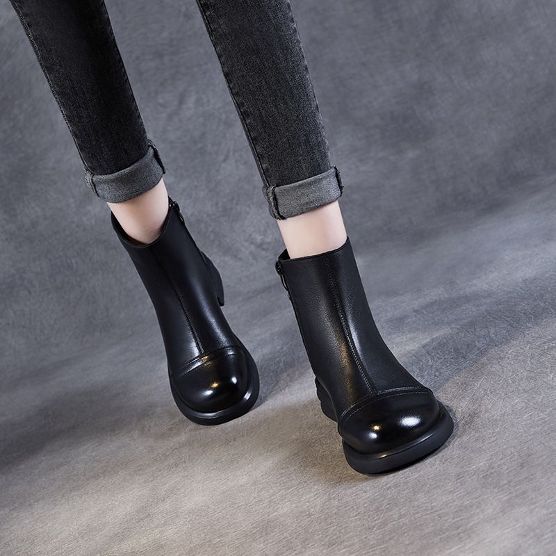 Französisch Stil Kurze Für Frauen 2024 Herbst Winter Neue Echtem Leder Dicke Sohle Mode Schlanke Bare Stiefel_voghion.com