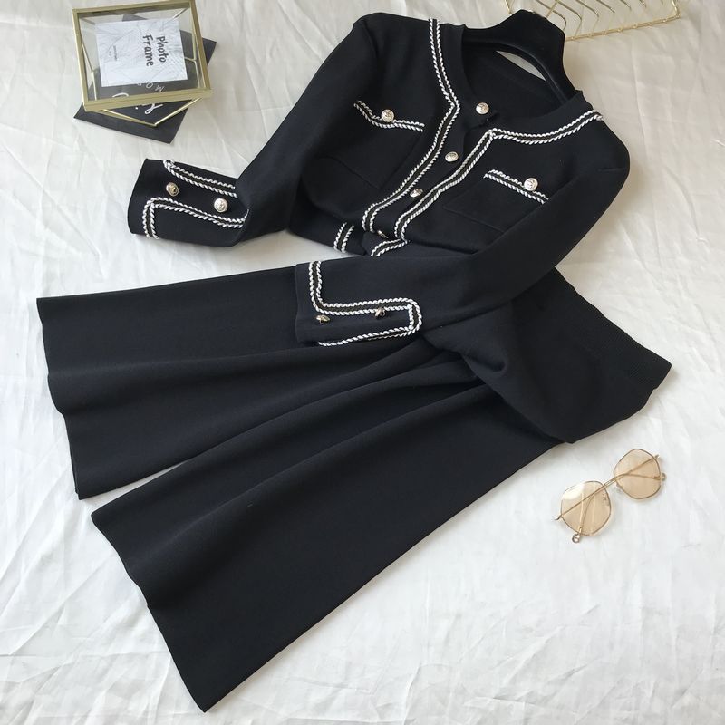 Kadın moda yuvarlak boyun örme hırka üst geniş bacak pantolon iki parçalı set_voghion.com