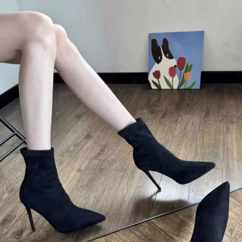 Stiletto High Heel Ankle For Women 2025 Autumn Winter New Pointed Toe Suede Stretch Slim Slimming Mid-Calf Sock Boots_voghion.com