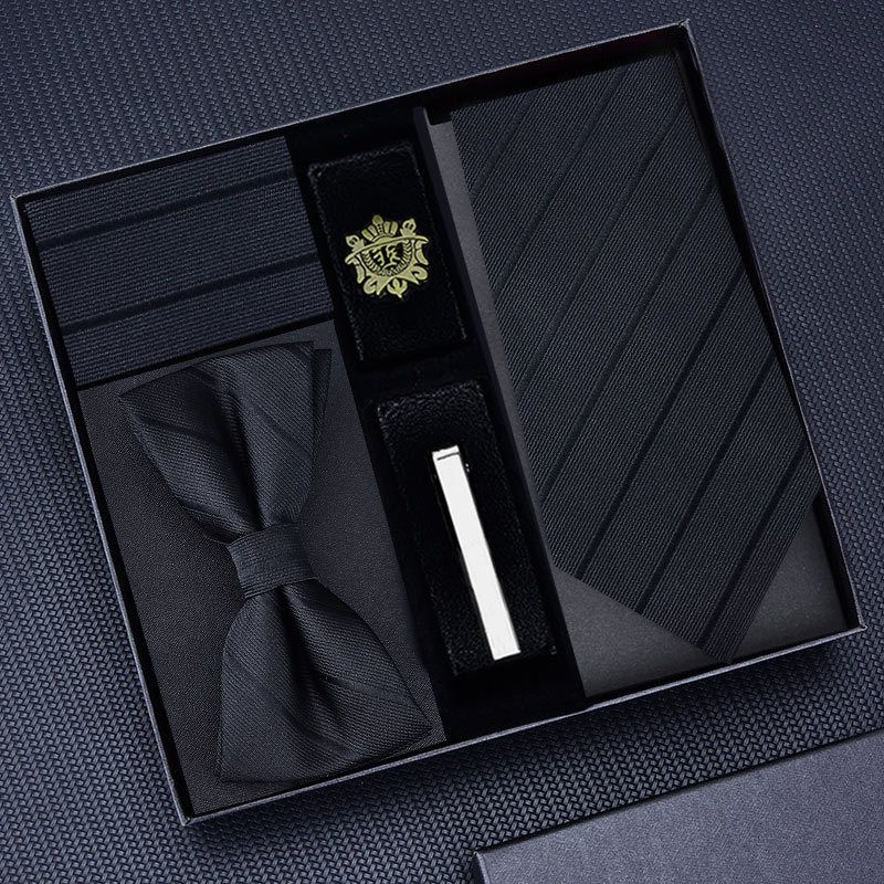 Fünfer-Set: Formelle Herren-Business-Krawatte, 8 cm, blauer Reißverschluss, schwarze handgebundene Fliege, Einstecktuch, Manschettenknöpfe_voghion.com