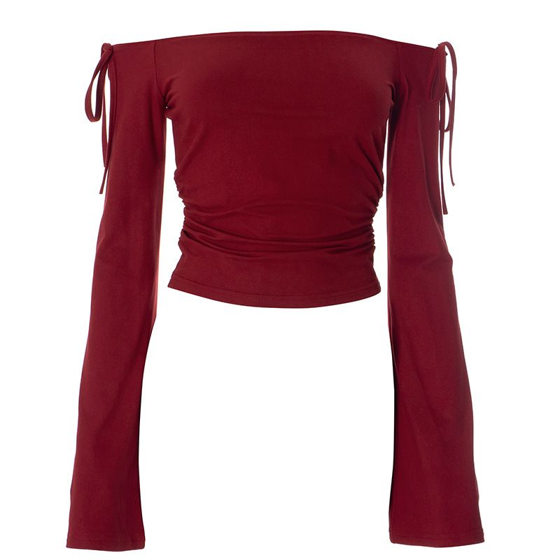 Q24TP650 Women's Autumn/Winter One Word Collar Bow Tie Shrink Fold Short Open Umbilical Top T-shirt_voghion.com